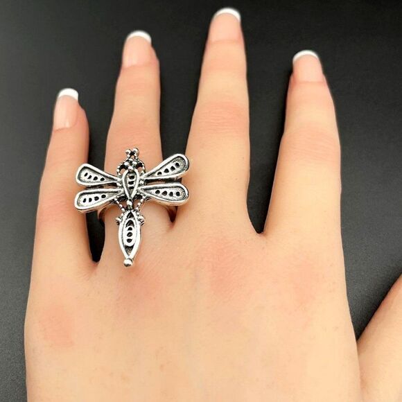 925 Sterling Silver Boho Style Detailed Dragonfly Statement Ring Size 6.5 - Picture 8 of 10